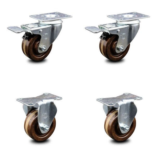 3 Inch High Temp Phenolic Swivel Top Plate Caster Lock Brakes 2 Rigid SCC, 2PK